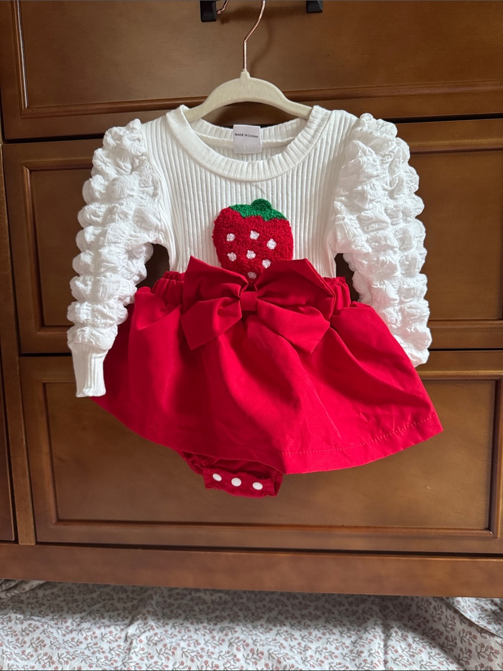 SHEIN White & Red Strawberry Knit Bodysuit Dress with Puffy Sleeves